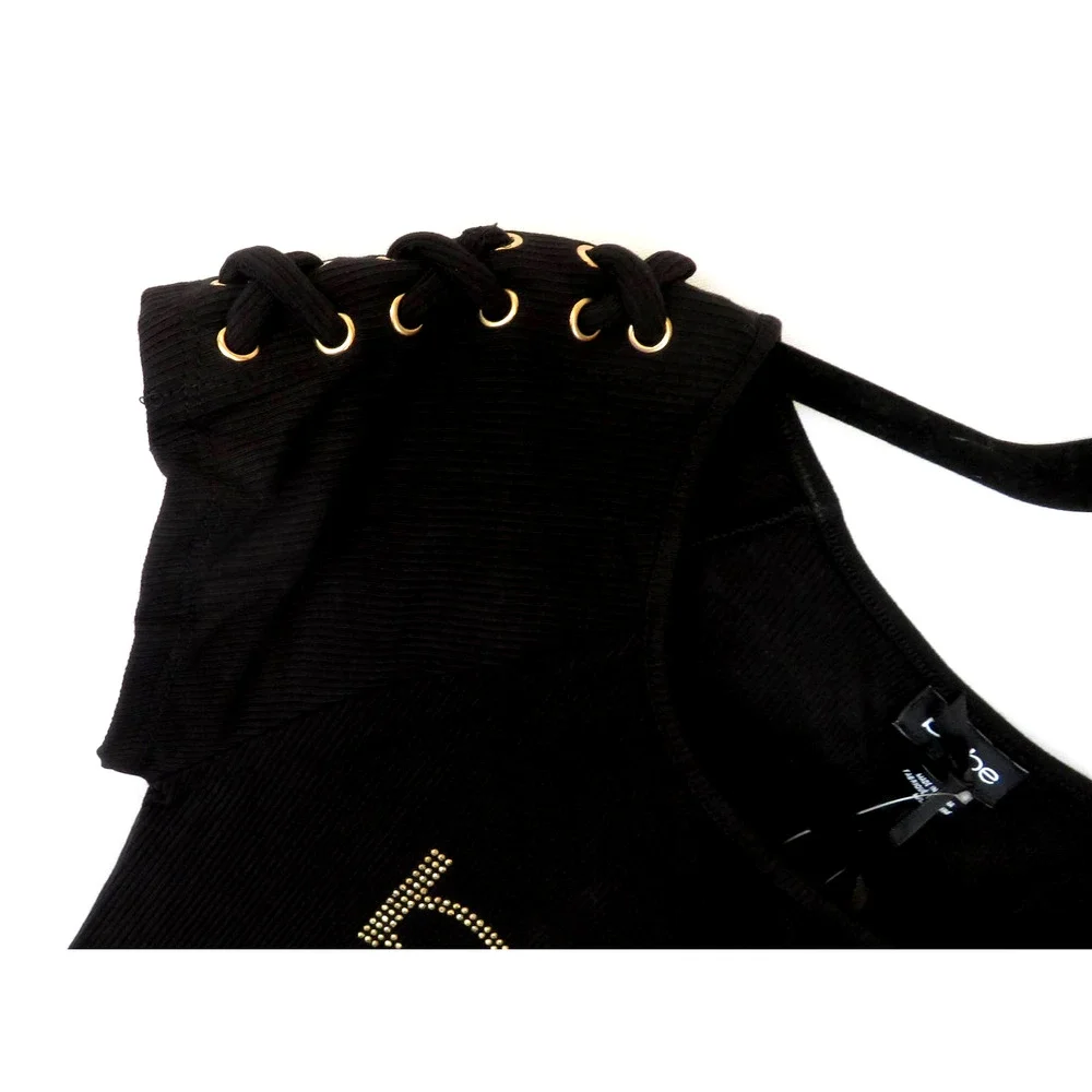 Nwt BEBE Black Logo Top Shirt w/ Gold Rhinestone Women Sz M - Picture 3 of 7